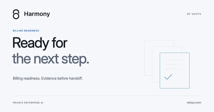 Harmony by Vaisys — Ready for the next step. Billing readiness and supporting evidence represented by aligned document planes.