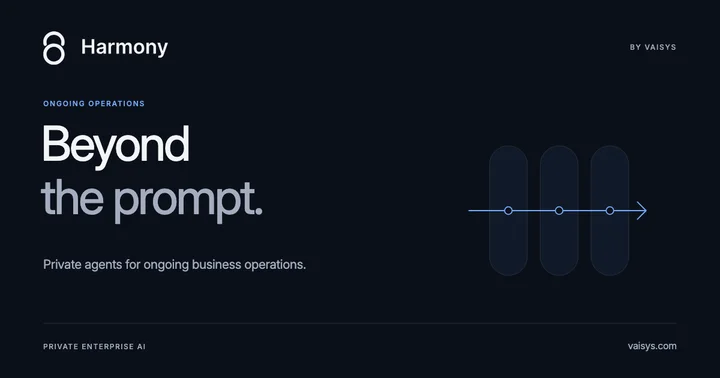 Harmony by Vaisys — Beyond the prompt. A continuous path crosses separate work stages, illustrating ongoing business operations.