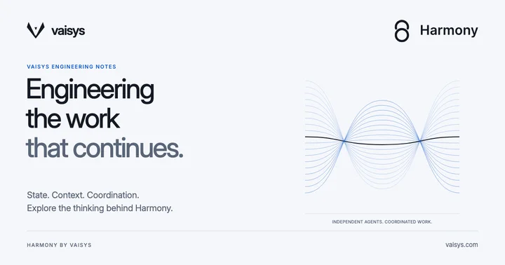Vaisys engineering notes — Engineering the work that continues. Fine blue waveforms resolve into coordinated lines.