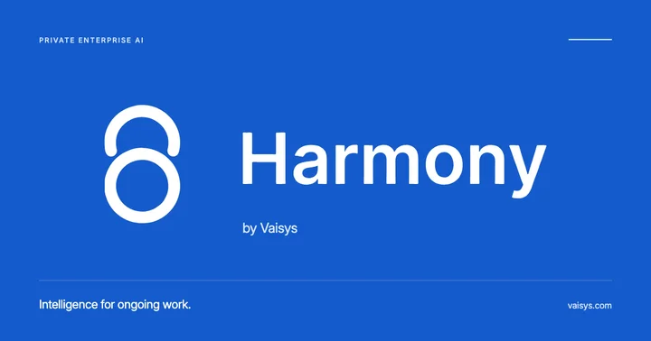 Harmony by Vaisys — Private enterprise AI. The official white wordmark on a solid cobalt-blue field.