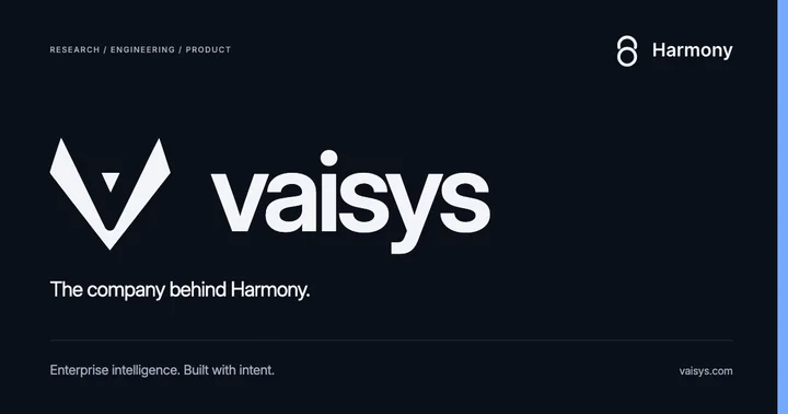 Vaisys — The company behind Harmony. The Vaisys symbol and wordmark in cool white on ink with a restrained signal-blue edge.
