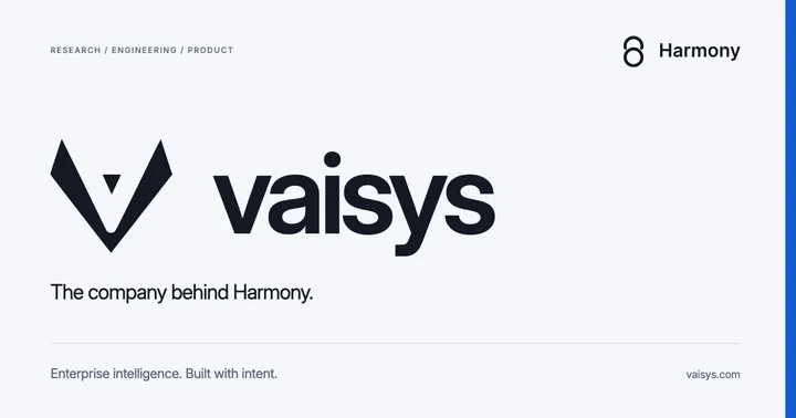 Vaisys — The company behind Harmony. A bold Vaisys brand lockup on cool white, with a precise cobalt edge and restrained enterprise typography.